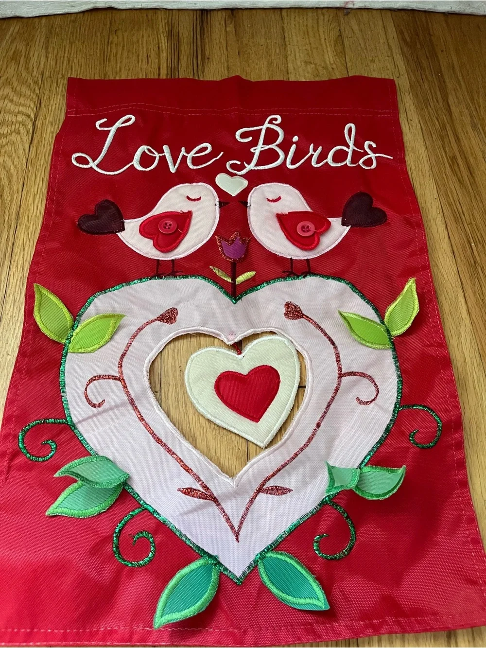 Vintage Pier 1 Imports Mini embroidered garden flag Valentines Day love birds